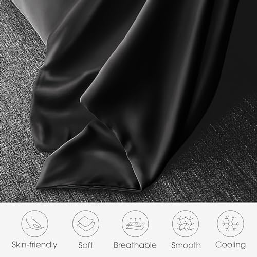 Image of 100% Silk Pillow Cases 2 Pack King Size Mulberry Silk Pillowcase for Hair and Skin Set of 2 Highest Grade 6A Silk Soft Breathable Cooling with Hidden Zipper, Black