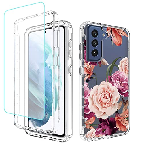 Coque Galaxy S21 5G avec verre trempé violet fleuri pour protection intégrale quotidienne du mobile