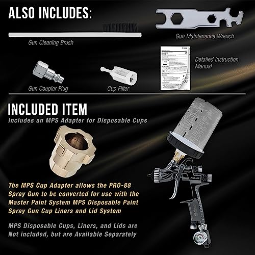 Image of Master Elite Performance PRO-88 HVLP Automotive Spray Paint Gun with 1.3mm Tip, 1L Cup, Regulator Gauge, MPS Adapter - Auto Paint Spray Gun for Automotive Basecoats, Clearcoats - Advanced Atomization