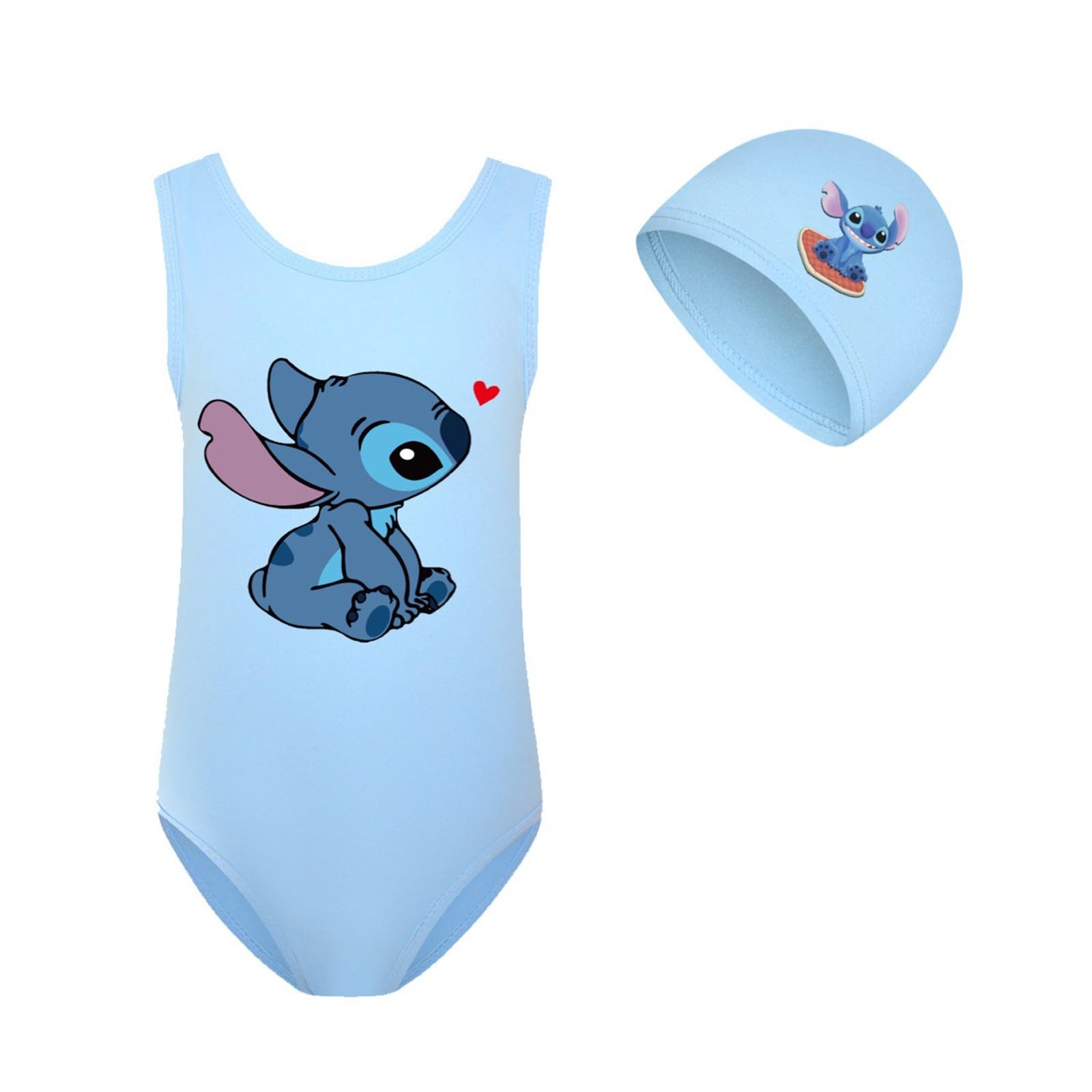 Generic Bañador de puntada para niña, motivo de Stitch y Angel de una pieza, bañador de dibujos animados, conjunto de gorro para niñas, bañador de 1 pieza ganadora para niño