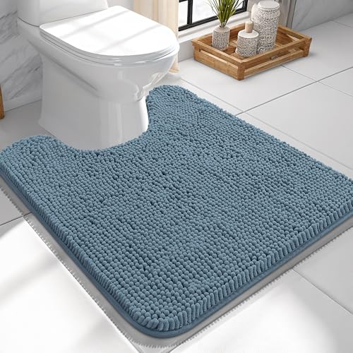 Image of OLANLY Toilet Rugs U-Shaped 24x24, Extra Soft Absorbent Chenille Contour Bathroom Rugs for Toilet, Dry Quickly, Machine Washable, Non-Slip Bath Mat, Airy Blue