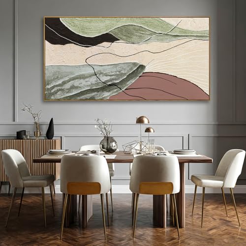 Image of Brown Green Abstract Canvas Wall Art, Framed Beige White Painting, Neutral Black Prints Wall Decor,29x58 In Artwork for Living Room, Bedroom