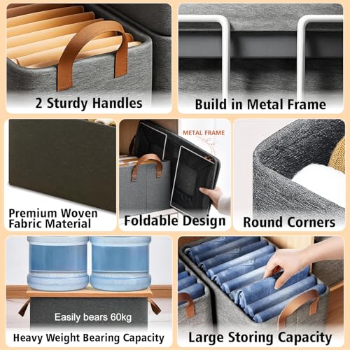 Image of JD FRESH 4 Pcs of Large Foldable Storage Box and Organiser with Metal Frame /Woven Fabric Clothes Organiser with Handle /Wardrobe Organizer for Storage /Almirah Organizer for Shirts /Jeans /Sweater (Grey)