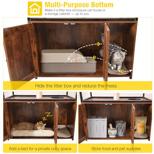 Aivituvin Cat Litter Box Enclosure, Litter Box Furniture Hidden, Wooden Cat Washroom Furniture, Indoor Cats House with Condo, Hammock, Scratching Mat and Storage Shelves