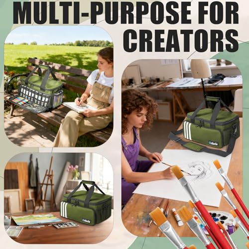 Image of ORKELS Paint and Marker Organizer, Acrylic Paint Storage Bag with Brush and Bottle Holders, Large Marker Carrying Case for Artists, Up to 216 markers or 54 bottles of 2oz acrylic paint (Green)