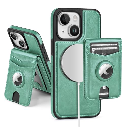 Étui portefeuille MagSafe SkyEagle en simili cuir bleu vert avec support AirTag intégré