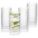 WHJY Ribbed Glassware Tall Highball Glasses Unique Everyday Drinking Glasses Set of 4 for Cocktail, Whiskey, Beer, Juice -13 oz 5.7'
