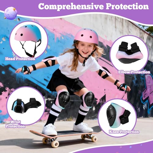Image of Kids Bike Helmet Set Adjustable for Children, Boys, Girls and Teenagers Aged 3-14 Years Includes Elbow, Knee, Wrist Guards Children's Helmet Protection Set for Bikes SkateboardsRollerskates