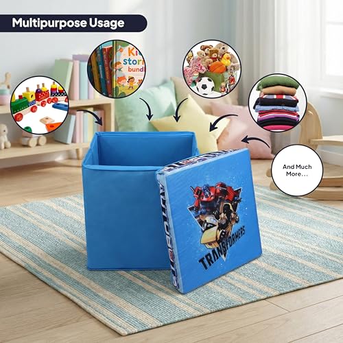 Image of Kudos Kids Transformers Print Foldable Storage Box | Non-Woven Fabric Toy Storage Basket | Laundry & Clothes Organizer with Lid (Blue)