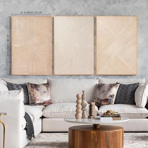 Image of Zessonic Large Textured 3D Wall Art Neutral Set of 3-24 inchx36 inch Hand-Painted Abstract Canvas Framed Paintings Brown for Living Room, Bedroom - Modern Minimalist Neutral Boho Decor
