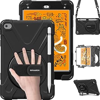 BRAECN iPad Mini 4 Case, iPad Mini 5 Case, Heavy Duty Shockproof Protective Rugged Case with Pencil Holder, Hand Strap, Kickstand and Shoulder Strap for iPad Mini 4 2015,iPad Mini 5 2019 Tablet-Black