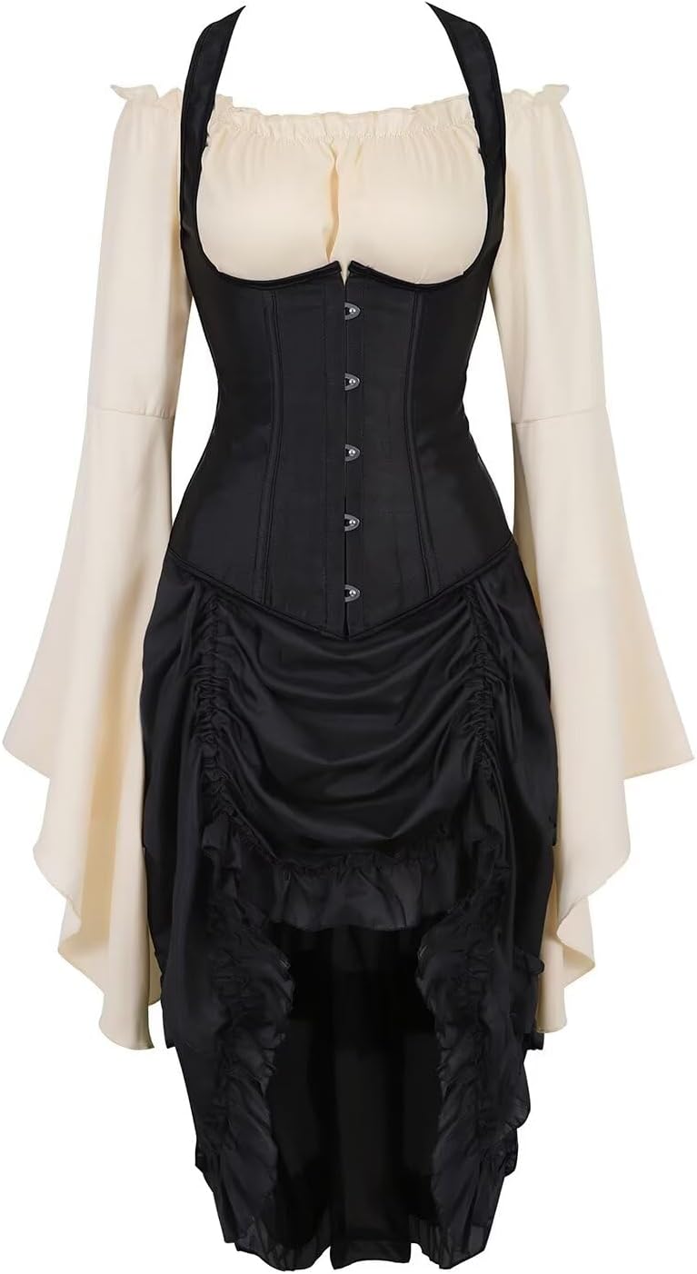 Jutrisujo Underbust Corset Dress Top with Straps Skirt with Tutu 3 Set Plus Size Vintage Lace up Gothic Black