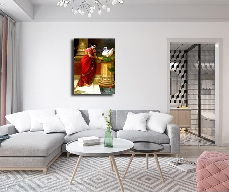 Image of Sikhash Raja Ravi Varma Canvas Painting - Classic Indian Art, Hamsa Damayanti, Academic & Famous Artist Wall Art for Living Room, Unframed Fabric (12x8 Inches, 30x20 cm) a32