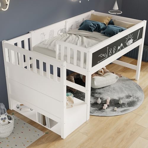 Merax Kinderbett Halbhochbett 90x200 cm, mit Whiteboard&Tafel für Kinder, Hochbett mit Treppe Staufach Stauraum-austauschbar, Lattenrost und Rausfallschutz, Ohne Matratze, Weiß/253x97x112cm