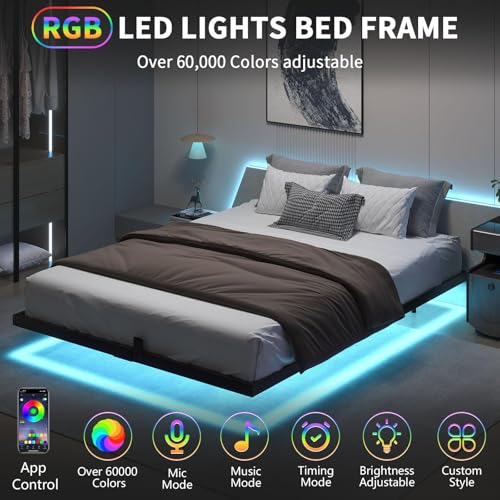 HOMBCK Floating Bed Frame Queen with LED Lights, Modern Metal Platform Bed Frame Queen Size, Heavy Duty Steel Slats Support, No Box Spring Needed, Noise Free, Easy Assembly, Black