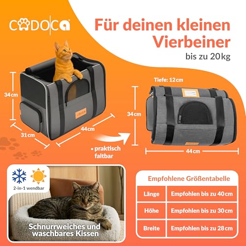 CADOCA® Transportbox Katzen bis 20kg faltbar Sonnen- und Regendach Schultergurt mit Napf Atmungsaktiv Komfortabel Wendekissen Haustier Katzenbox Tragetasche Hunde Auto Grau