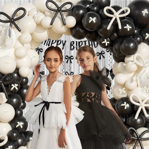 Image of Black and White Balloon Arch Kit, JOGAMS 199Pcs Black and White Bow Birthday Decorations with 260 Clear Balloons Ribbon Bow for Coquette Bow Birthday Bachelorette Baby Shower Bridal Shower Wedding