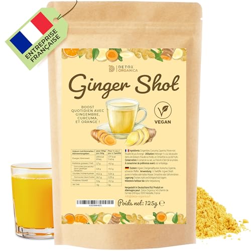 DETOX ORGANICA Ginger Shot - Jusqu'à 160 shots de Jus de Gingembre et Curcuma- Booster et Detox - 125g Préparation en poudre pour pour thé, infusion et jus...