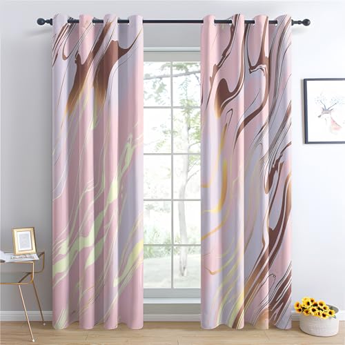 Luxfieo Marble Blackout Curtains for Living Room Bedroom - 54 Inch Drop Curtains 66x54, Girls Pink and Gold Luxury Patterned Window Treatments, Thermal Eyelet Drapes 2 Panels Q#175
