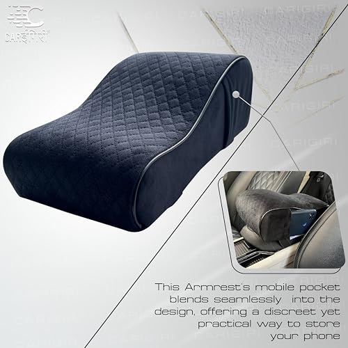 Image of Carigiri ComfiRest Car Armrest Cushion| Memory Foam Arm Cushion| Universal for All Cars| Armrest Support Extender| Height Armrest Pad(Black Seam,Breathable Velvet,Dual Mobile Pocket)