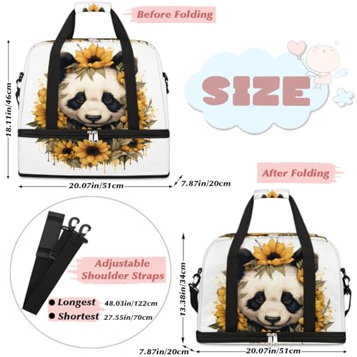 Travel Duffel Bags Flower Panda Foldable Weekender Bags for Women with Shoes Compartment Waterproof & Tear Resistant Carry on Overnight Luggage Duffel Bag Shoulder Sports Tote Bag2