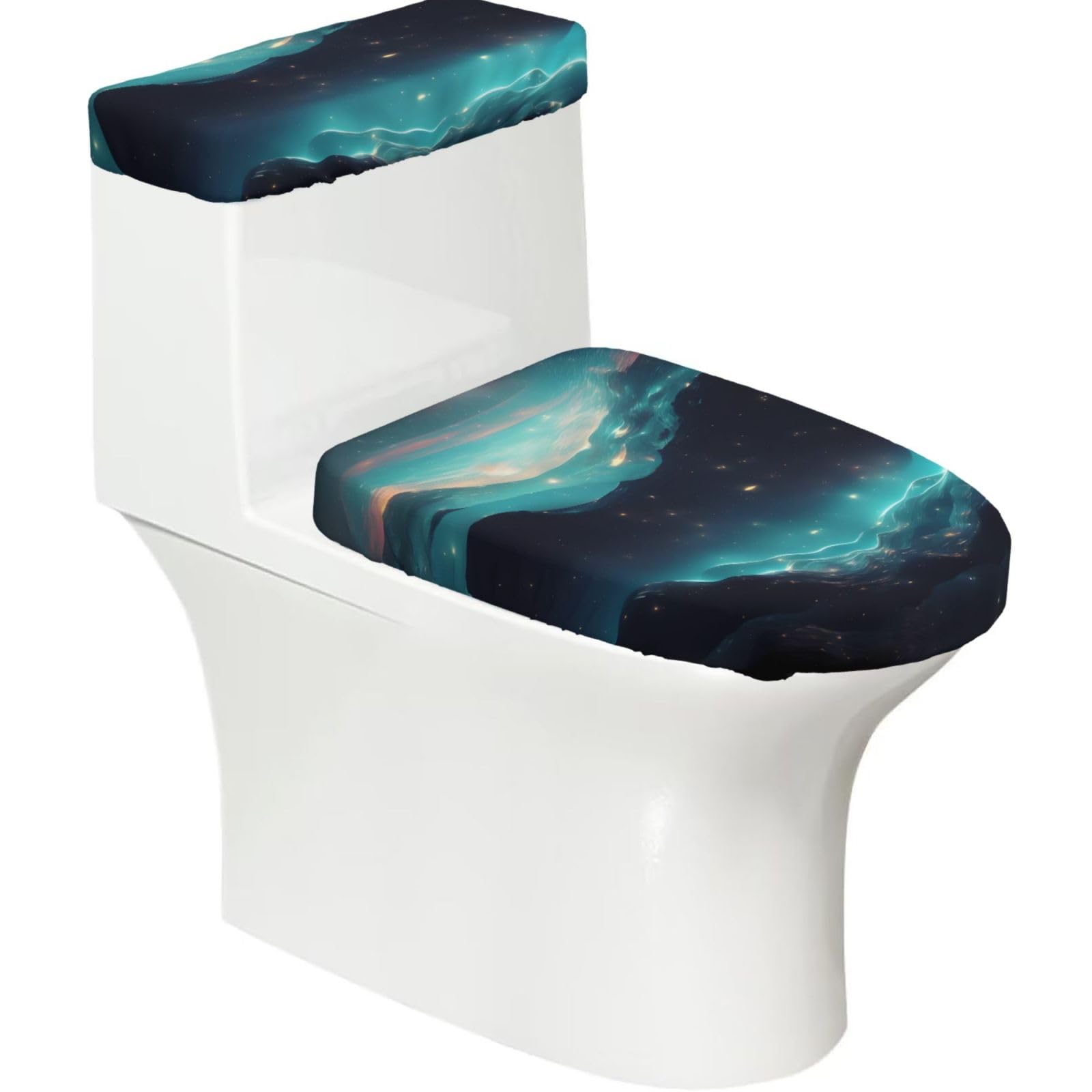 Cntdbu Black Science Fiction Stars Elastic Toilet Cover Set Of 2-Stretchy Lid And Tank Covers For Bathroom, Soft Washable U Shape Toilet Decor