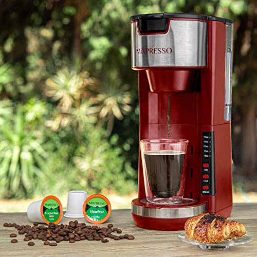 Mixpresso Single Serve 2 In 1 Coffee Brewer K-Cup Pods Compatible & Ground Coffee,Compact Coffee Maker Single Serve With 30 Oz Detachable Reservoir, 5 Brew Size And Adjustable Drip Tray (Red) #TOP5