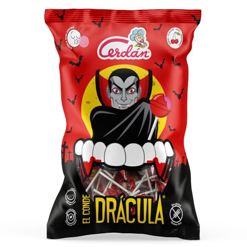 Caramelos Cerdán - Caramelo con Palo Gigante El Conde Drácula Sabor Cereza | Caramelo Duro Relleno de Chicle Sin Gluten ni Alérgenos | Ideal para Halloween, Fiestas y Cumpleaños | Bolsa de 50 Unidades