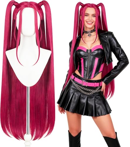 ASINWIN Hot Pink Cosplay Wig with 2 Ponytails Long Straight Synthetic Wig