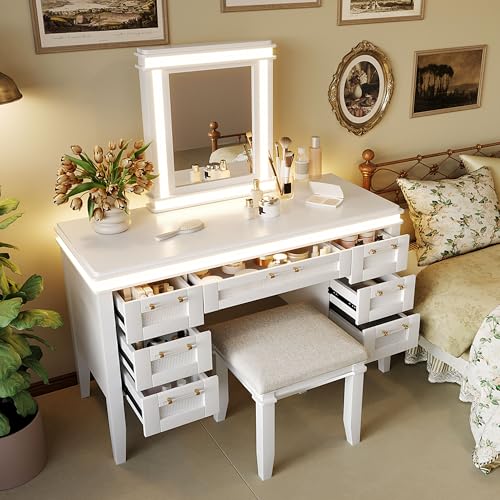 Image of 48 inch Vanity Desk with Mirror, Classic Makeup Vanity with 7 Drawers and Cushioned Stool, Hollow Design Drawer, Rubber Wood Legs, Dressing Table with Bamboo Weave Design, Easy Assembly (Light Beige,08)