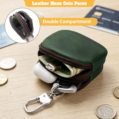 Image of Jack&Chris Coin Purse for Men, Genuine Leather Mini Coin Wallet Zipper Pocket with Back Belt Loop, Coin Bag for Men, Green