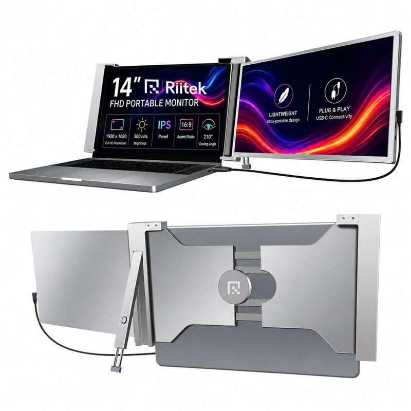 Image of Riitek 14 inch Full HD IPS 1080P Portable Monitor Screen Extender with USB A, Type-C, HDMI Cable, Carry Bag for 14 inch-17 inch Laptop, Mac, Switch, Xbox One, PS5 (Screen Size - 14 Inch, Grey)