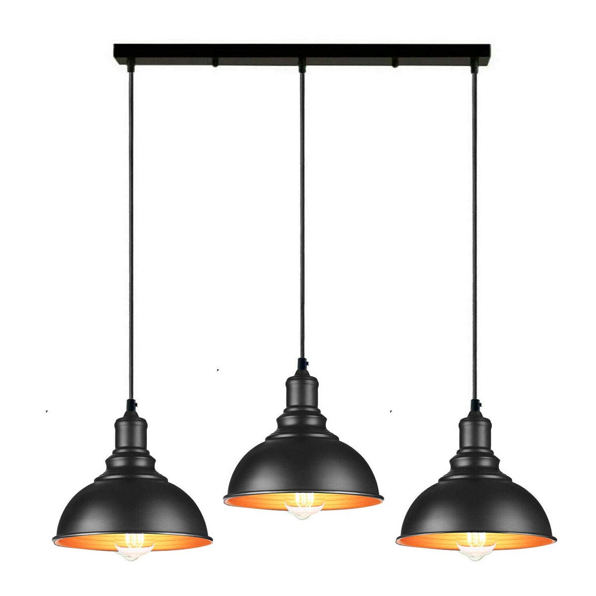 LEDSone Lampadario a sospensione a 3 teste in ferro nero, 60 W, bianco caldo, 50 x 6 x 2,5 cm, per interni, sala da pranzo