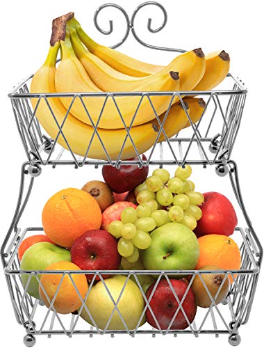 Sorbus Fruit Basket Display Stand, 2-Tier, for Vegetable, Fruit & Bread Counter Storage for Kitchen, Bathroom, Rectangular Antique Metal (Silver)