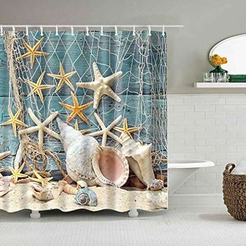 hipaopao Starfish Seashell Beach Theme Fabric Shower Curtain Sets Bathroom Decor with Hooks Waterproof Washable 72 x 72 inches Blue Yellow White Cover