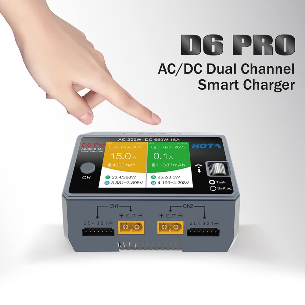 HOTA D6 Pro Balance Chargeur : chargeur intelligent à deux ports avec téléphone sans fil pour batterie LiPo Li-ion LiHv Nicd NiMH Batterie RC voiture drone prend en charge l'entrée AC/DC (bleu