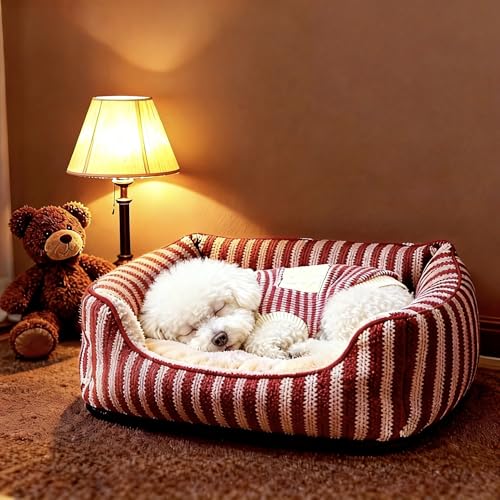 Image of Small Dog Sweater, Knitted Striped Pullover Dog Clothes for Cold Weather, Thick Warm Cozy Stretchy Sweater for Chihuahua, Bulldog, Dachshund, Pug(Red & White Strip, M)