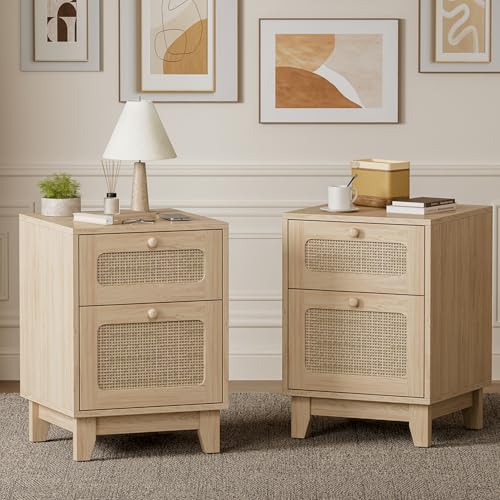 Callales Rattan Nightstand Set of 2, Wicker Rattan Night Stand with Storage Drawer, Boho Bedside Table for Bedroom, Dorm and Small Spaces, Natural