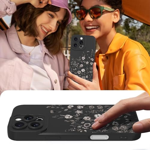 Image of Designed for iPhone 16 Pro Case Flower for Women Girls, Black | Cute Floral Pattern Liquid Silicone Phone Case [Full Camera Protection] Slim Soft TPU Protective Cover