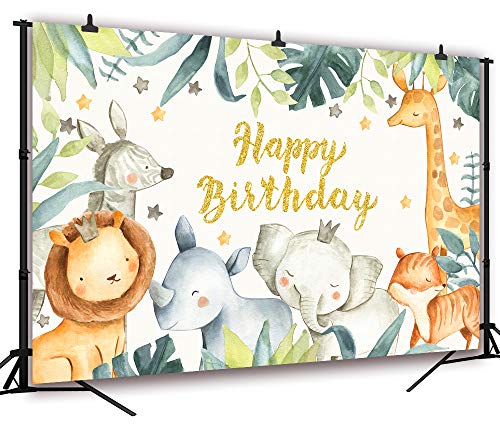 Dephoto Jungle Animals Safari Photography Backdrop for Birthday Party Green Leaves Decoration Portrait Background Baby Shower Cake Table Banner Vinyl Photo Studio Props Supplies PGT628A 7x5ft