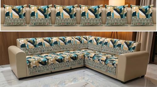 Image of Luxury Sofa Cover L Shape 6 Seater with Matching Cushion Cover 16x16 inch - Teal Abstract Floral 3+3 Seater (6 Seater) Quilted Sofa Cover Set Pack of 11, Washable, Teal Mustard Multi
