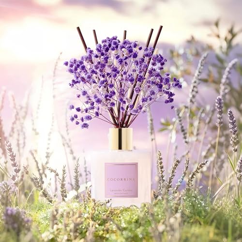 Image of COCORRINA Reed Diffuser - Lavender Garden 6.7 Fl.oz Reed Diffuser Set with Sticks & Preserved Baby's Breath, Reed Diffuser for Home Bathroom Shelf Decor