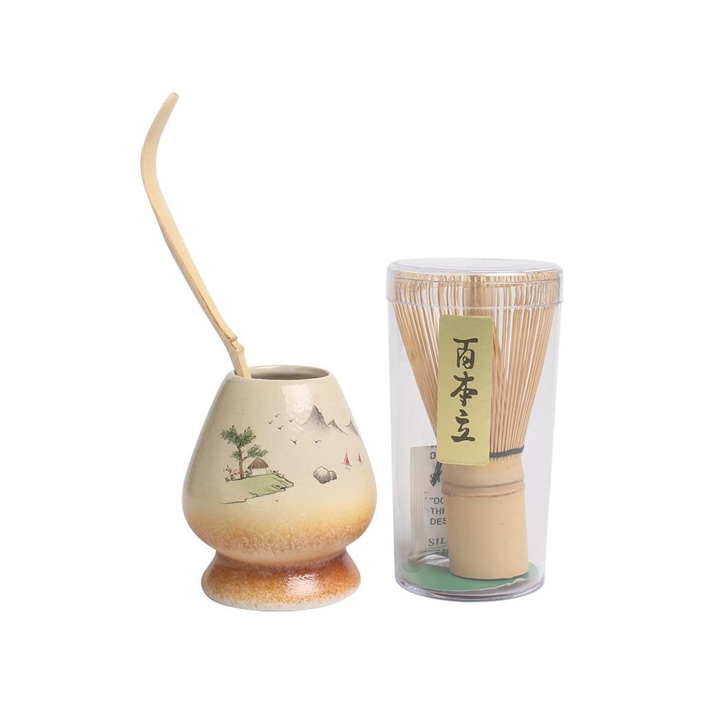 YLWX Tea Whisk Stand Bamboo Stand Tea Pull Set Japanese Three-Piece Matcha Whisk Holder Green Tea Spoon (Color : Yellow a)