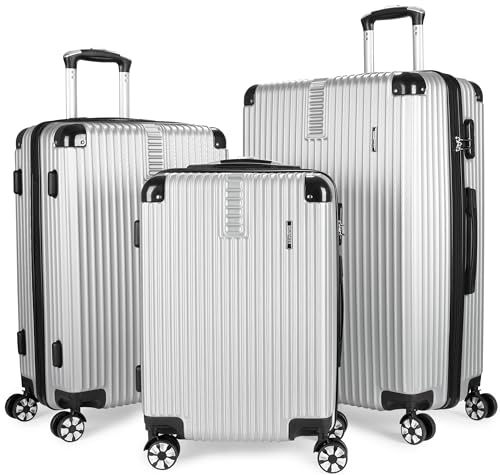 BRUBAKER Kofferset London - 3 teiliges Reisekoffer Set inkl. Handgepäck - Hartschalen Koffer mit Zahlenschloss, 4 Rollen und Komfort Tragegriffen - ABS Boardcase Trolleys (M, L, XL - Silber)