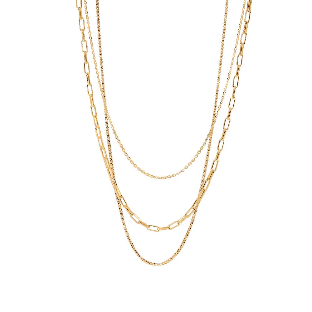 TownshineVintage Style 18K Gold Plated Paper Clip Box Chain Stainless Steel Chain Necklace Ring Triple layer Necklace, Stainless Steel, No Gemstone, Stainless Steel, No Gemstone