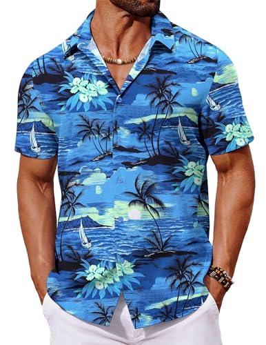 COOFANDY Camisas para homens camisas havaianas de manga curta camisas leves camisas tropicais de verão camisas florais de botões festas, 1 Palmeira azul, XXL