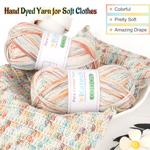 Image of Katech 1OO% Variegated Cotton Yarn for Crocheting-2 Sport Weight Baby Yarn for Knitting-6 Pcs of 50g(1.76oz) /160m(175yd), Fine Soft Multicolor Yarns for Baby Blankets, Afghans, Shawls, Dress, Hats (A)