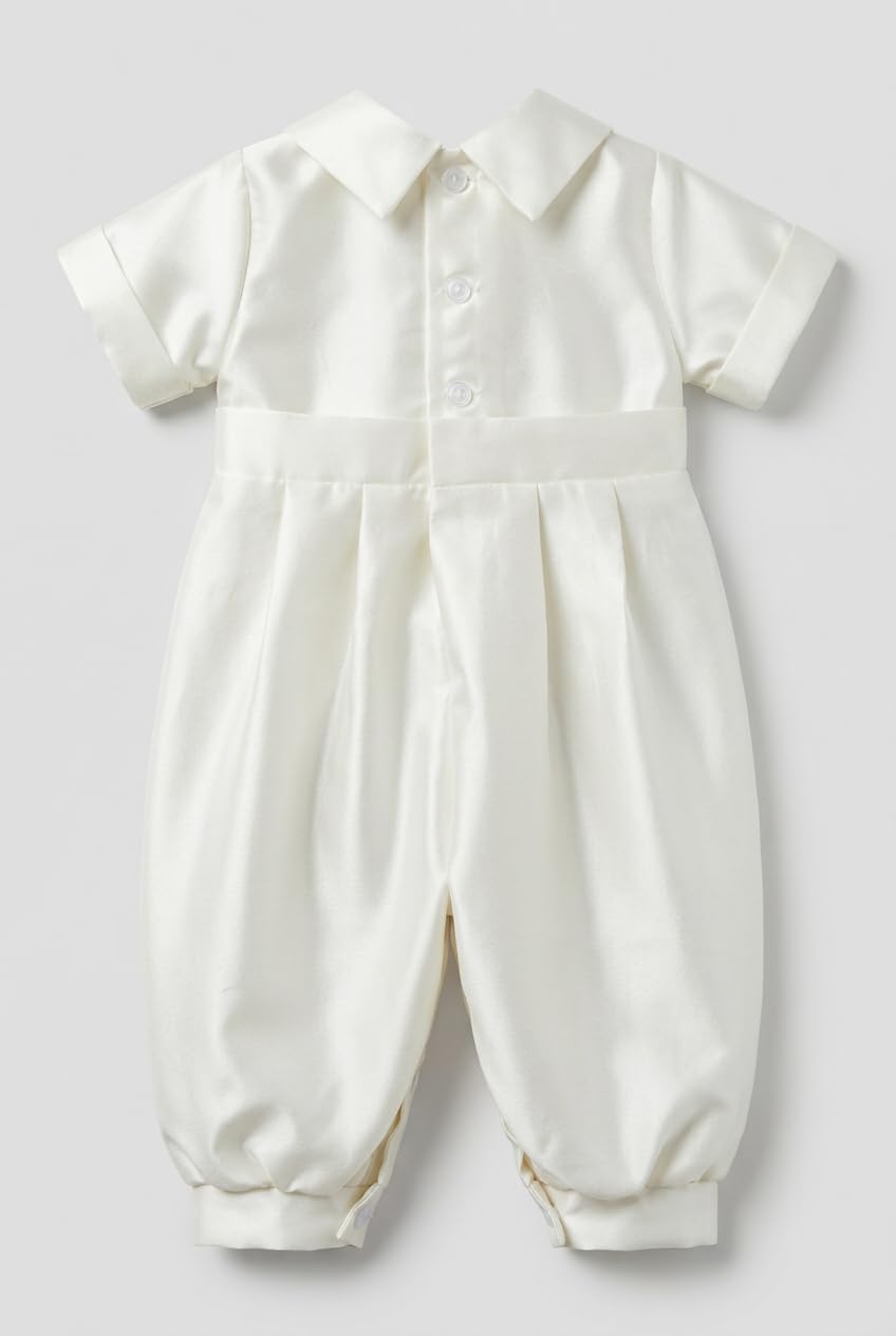SIRRI Completo da Battesimo per Neonato in Raso, Composto da Tutina Ricamata Color Avorio e Cappellino, Due Pezzi.