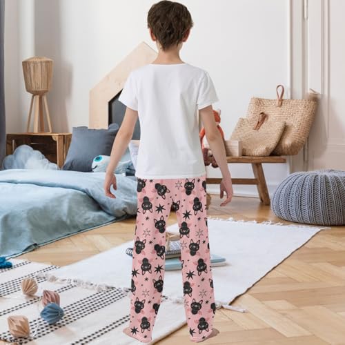 Boy's Pj Pants Happy Cute Cat Black Pink Star Lounge Bottoms Elastic Kids Sweatpants Joggers with Pockets Size 6-143