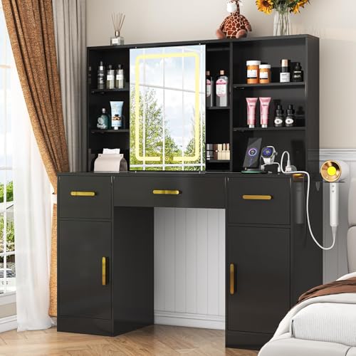Image of Vanity Desk with Sliding Mirror & LED Lights, Large Makeup Vanity with Charging Station, 7 Open Storage Spaces, 3 Drawers & 2 Cabinets, Dressing Table with Hair Dryer Holder for Bedroom, Black